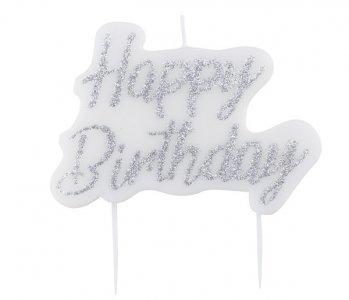 Silver Happy Birthday Cake Candle