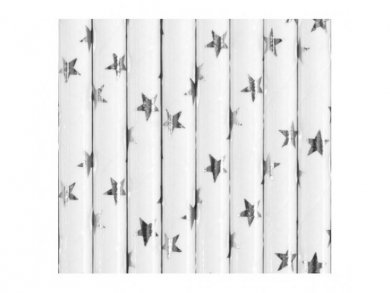 White Paper Straws with Silver Foiled Stars 10pcs