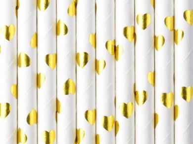 White Paper Straws with Gold Foiled Hearts Print (10pcs)
