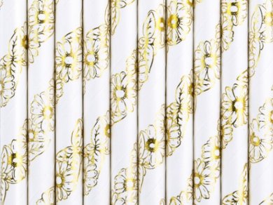 White Paper Straws with Gold Flowers (10pcs)
