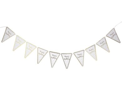 White Flags Happy Birthday Bunting with Dots and Gold Foiled Print