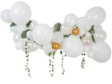 White Balloon Garland with Ivy and Tropical Leaves