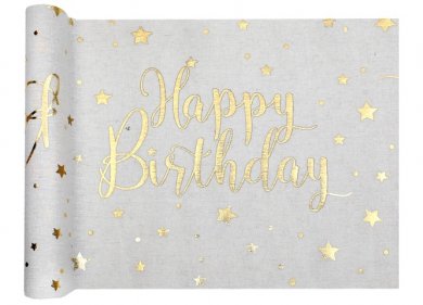 Άσπρο Runner για Το Τραπέζι με Χρυσά Γράμματα Happy Birthday (28εκ x 300εκ)