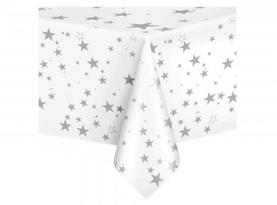 White Tablecover with Silver Stars (137cm x 274cm)