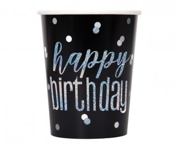 Birthday Glitz Black Paper Cups with Holographic Happy Birthday Print (8pcs)