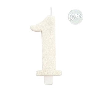 Cake Candle Number 1 (One) White with Glitter (7,5cm)