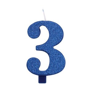 Κερί Αριθμός 3 (Τρία) Μπλε με Γκλίτερ για Τούρτα (7,5εκ)