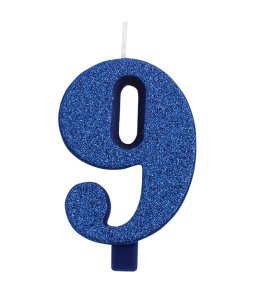Κερί Αριθμός 9 (Εννέα) Μπλε με Γκλίτερ για Τούρτα (7,5εκ)