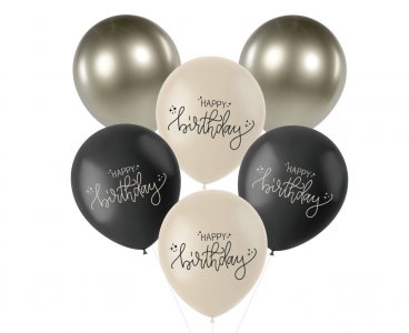 Creme Black Happy Birthday Latex Balloons (6pcs)