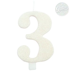 3 Number Three White Glitter Cake Candle