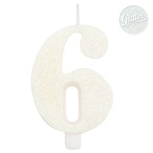 6 Six White Glitter Number Cake Candle