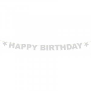 Ασημί Γκλίτερ Γιρλάντα Happy Birthday (300εκ)