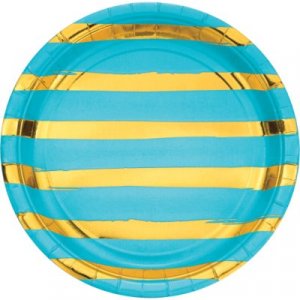 Bermuda Blue Large Paper Plates with Gold Foiled Abstract Lines 8/pcs