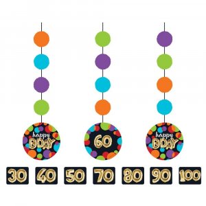 Black with Dots Gold Bday Hanging Decoration with Stickers (3pcs)