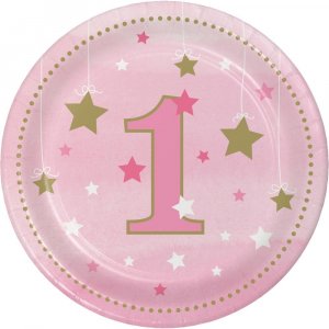 Twinkle Little Star Pink Small Paper Plates for First Birthday 8/pcs