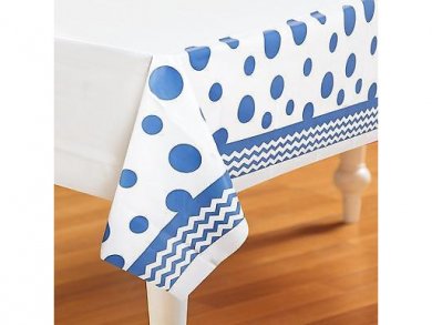 Blue Plastic Tablecover Dots and Chevron (137 x 259)