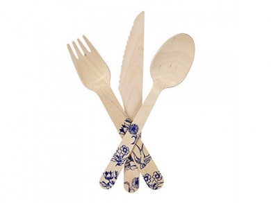 Wooden Cutlery Set with Blue Design (18pcs)