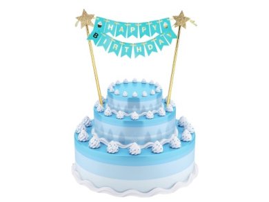 Light Blue Flag Bunting with Gold Happy Birthday Cake Decoration.