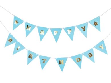 Pale Blue Flag Bunting with Gold Foiled Happy Birthday and Stars (3m)