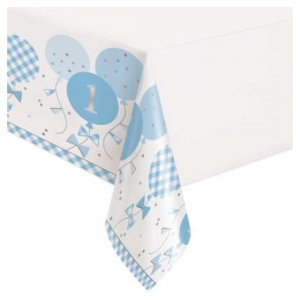 Blue Gingham Plastic Tablecover for First Birthday (137 x 213)