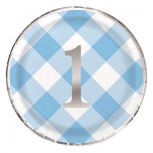 Blue Gingham Large Paper Plates with Silver Foiled Number 1 (8pcs)