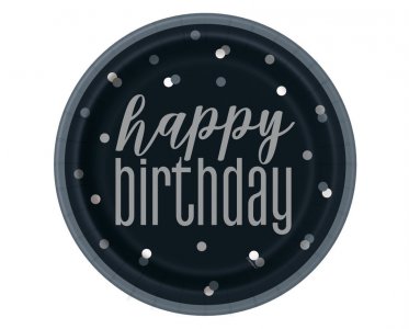 Glitz Μαύρο Happy Birthday Μεγάλα Χάρτινα Πιάτα (8τμχ)