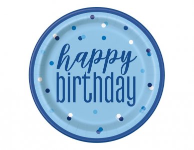 Glitz Μπλε Happy Birthday Μεγάλα Χάρτινα Πιάτα (8τμχ)