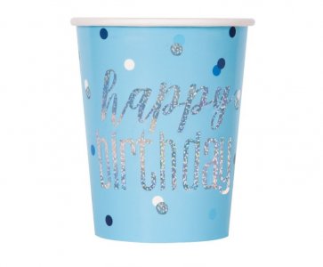 Glitz Μπλε Happy Birthday Ποτήρια Χάρτινα με Ολογραφικό Τύπωμα (8τμχ)