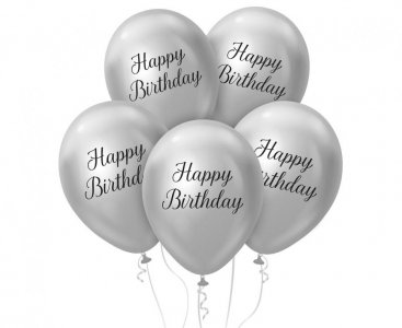 Happy Birthday Silver Latex Balloons with Black Print (5pcs)