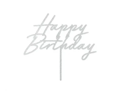 Happy Birthday Ασημί με Γκλίτερ Ακρυλικό Διακοσμητικό για Την Τούρτα (18εκ x 16,5εκ)