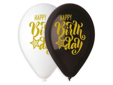 Happy Birthday Black and White Latex Balloons with Yellow - Gold Print (5pcs)