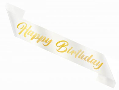Happy Birthday White Sash with Gold Letters