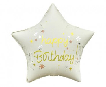 Happy Birthday White Star Foil Balloon with Gold Print (44cm)