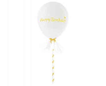 White Latex Balloon with Tulle and Gold Happy Birthday Letters