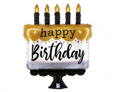 Black, Gold and Silver Happy Birthday Cake Foil Balloon (71cm)