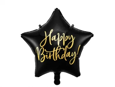 Happy Birthday Black Star Foil Balloon with Gold Print (40cm)