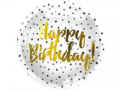 Happy Birthday Foil Balloon with Black Dots and Gold Letters (45cm)