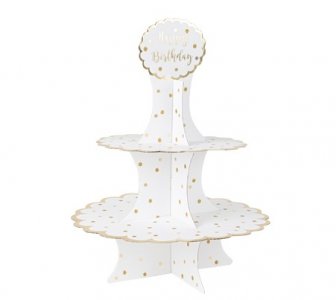Happy Birthday White Cupcake Stand with Gold Dots Print (36cm)