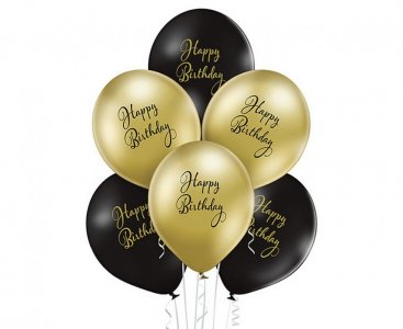 Happy Birthday Μαύρα και Χρυσά Λάτεξ Μπαλόνια (6τμχ)