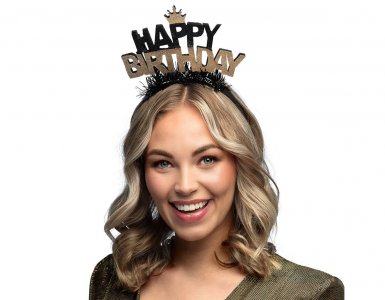 Happy Birthday Black Headband with Gold and Black Letters