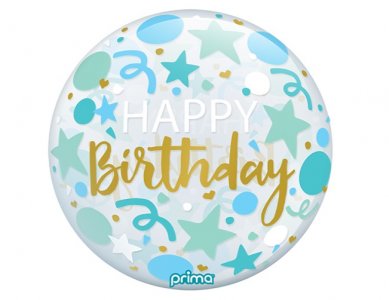 Happy Birthday Μπλε Αστέρια Σφαιρικό Διάφανο Μπαλόνι (55εκ)
