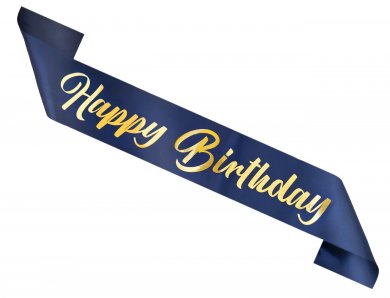 Happy Birthday Blue Sash with Gold Letters