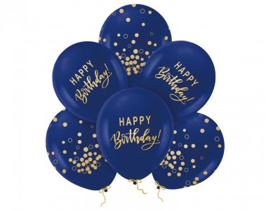 Happy Birthday Navy Blue Latex Balloons with Gold Print (6pcs)