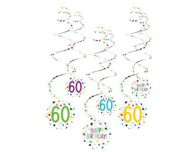 Happy Birthday Colorful Swirl Decorations with Number 60 (6pcs)