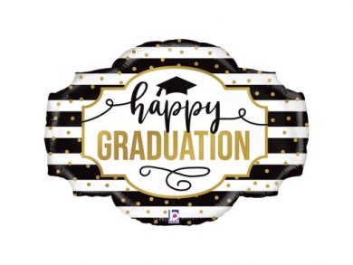 Happy Graduation Supershape Balloon with Black and White Stripes and Gold Dots (81cm)
