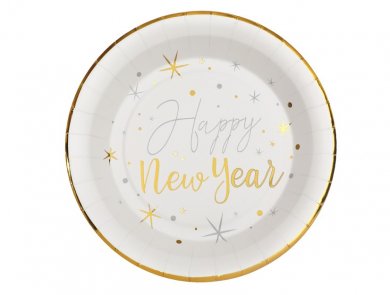 Happy New Year White Large Paper Plates with Gold Metallic Color Bordure (10pcs)