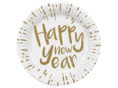 Happy New Year White Large Paper Plates with Gold Print (10pcs)