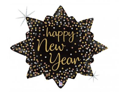 Happy New Year Confetti Burst Super Shape Foil Μπαλόνι με Ολογραφικό Γκλιτεράτο Τύπωμα (80εκ)