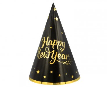 Happy New Year Black Party Hats with Gold Print (6pcs)