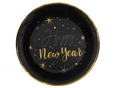 Happy New Year Black Large Paper Plates with Gold Bordure (10pcs)